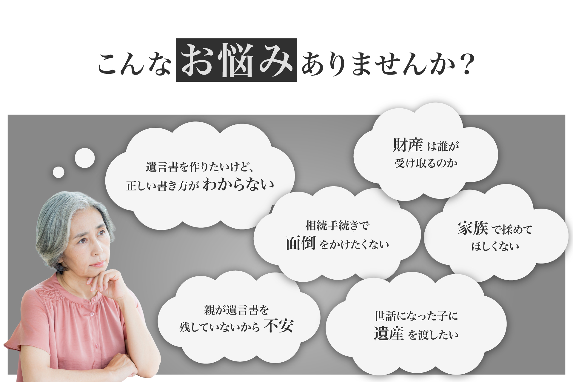 こんなお悩みはありませんか「遺言書の書き方がわからない」「財産が誰に行くのか知りたい」「家族で揉めてほしくない」